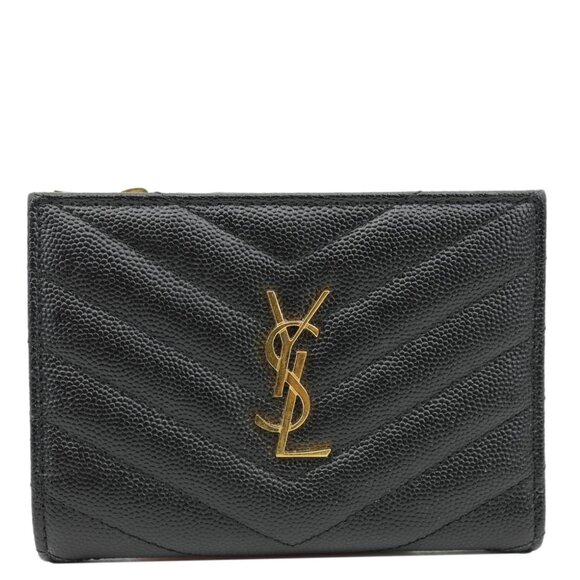 Yves Saint Laurent  Monogram Grain De Poudre Chevron Leather Zipped Wallet Black - Picture 1 of 13